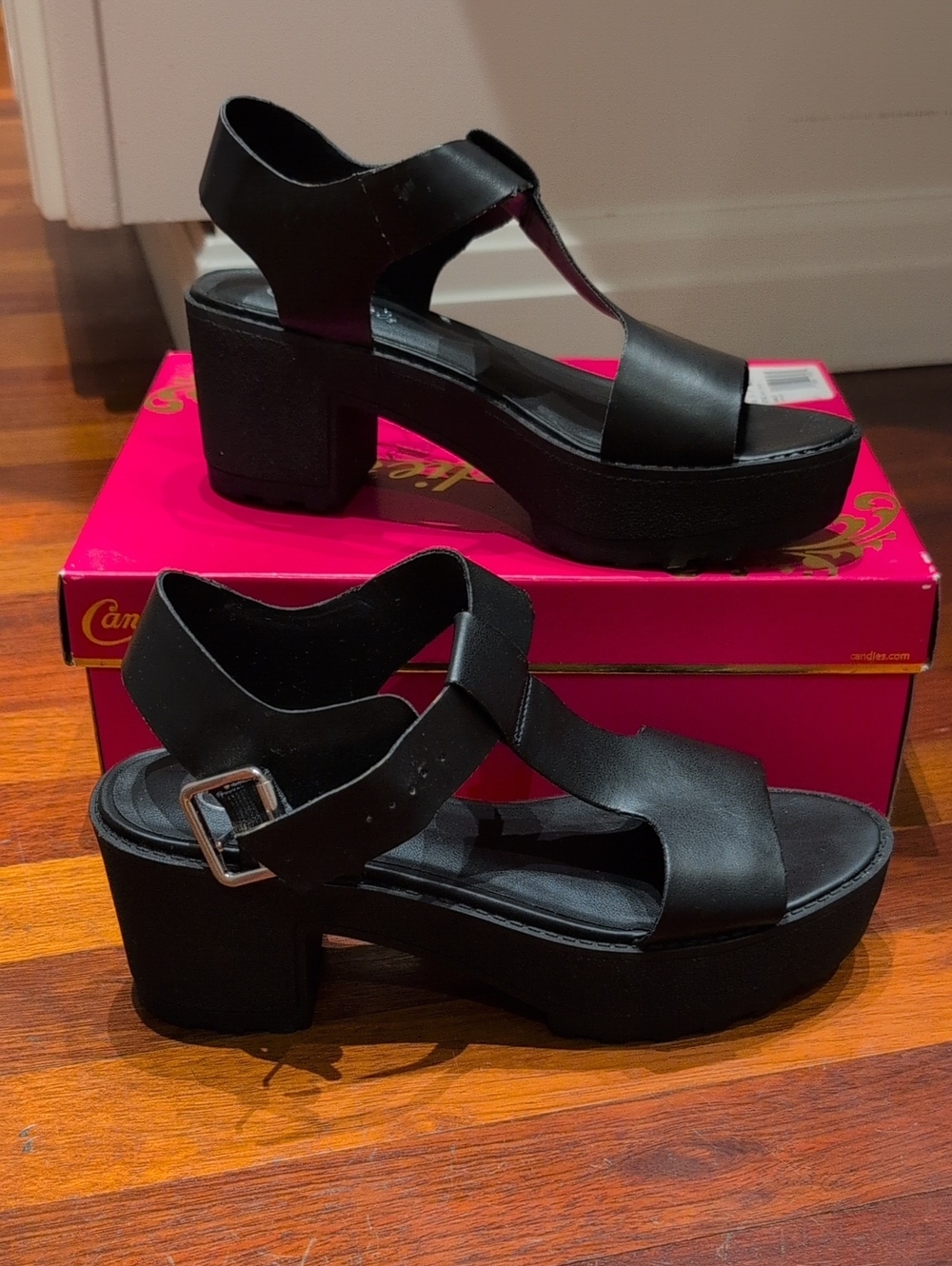Candie's Black Platform Block Heel Sandals with Buckle